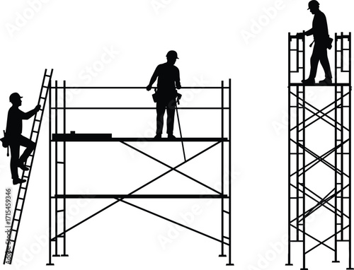Construction workers on scaffolding, climbing ladder, safety gear, silhouette illustration for industrial labor, building inspection, engineering site, vector content for Adobe Stock