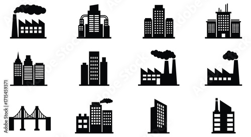 Collection of industrial buildings factories and city structures in black silhouette