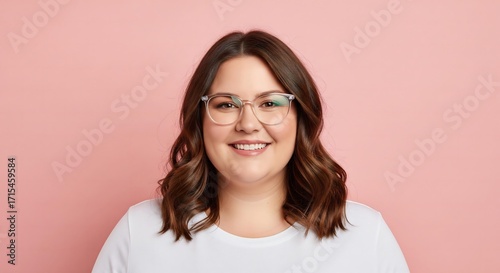 Cheerful Plus Size Woman with Clear Glasses and White Tee, Uplifting Minimal Pink Portrait