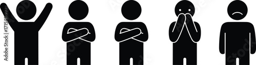 Human emotion silhouette set, black vector icons, body language expressions, psychological posture illustration for communication, education, awareness, and graphic design
