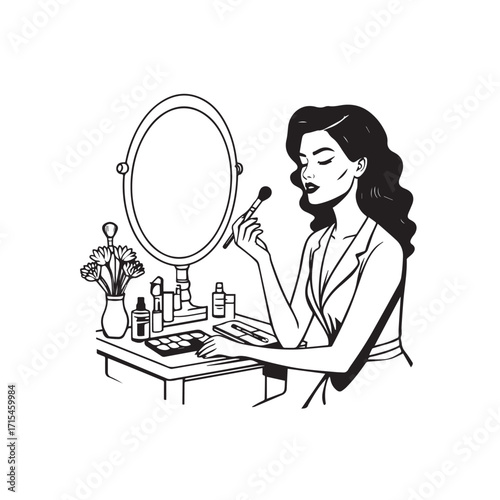 Black and white line art of a beautiful woman doing makeup at dressing table with mirror illustration