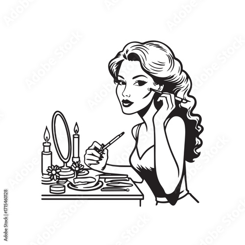 Black and white line art of a beautiful woman doing makeup at dressing table with mirror illustration