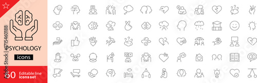 Psychology icons set. Includes symbols of brain, therapy, counseling, emotions, mental health, behavior, and research. Editable stroke. Vector illustration. Outline icons. Perfect for healthcare. 