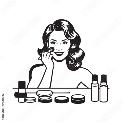 Black and white line art of a beautiful woman doing makeup at dressing table with mirror illustration
