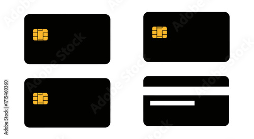 Minimalist Black Credit Card Vector Icon Set with EMV Chip and Magnetic Stripe
