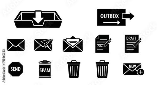 Minimalist Email Icon Set Vector Collection of Black Glyph Mail Symbols for UI Design