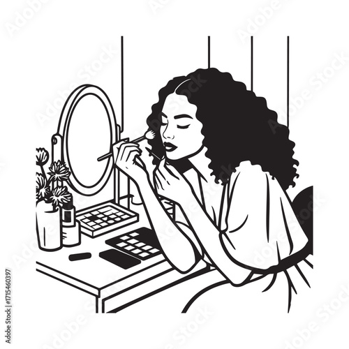 Black and white line art of a beautiful woman doing makeup at dressing table with mirror illustration