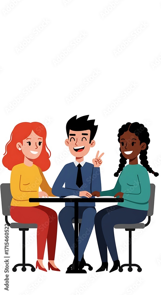 Obraz premium Three diverse individuals, two women and one man, happily sitting together at a small table, smiling and interacting, with one making a peace sign.