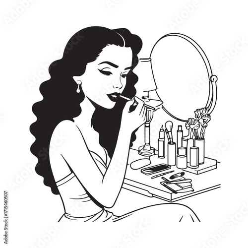 Black and white line art of a beautiful woman doing makeup at dressing table with mirror illustration