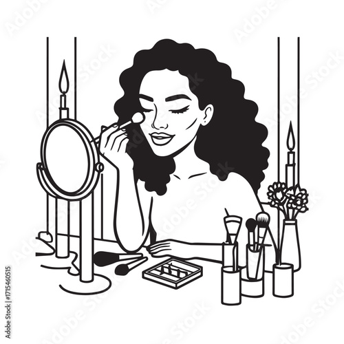 Black and white line art of a beautiful woman doing makeup at dressing table with mirror illustration