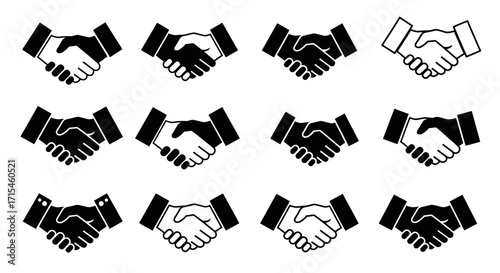 A diverse set of black and white handshake vector icons.