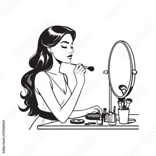 Black and white line art of a beautiful woman doing makeup at dressing table with mirror illustration