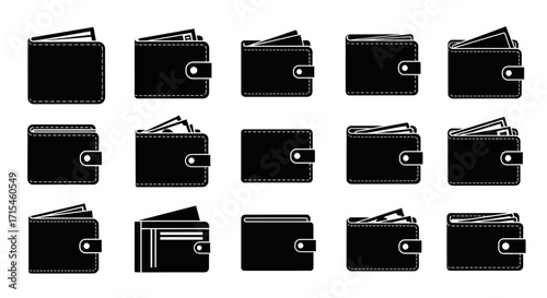 Set of black wallet silhouette icons for finance and business.