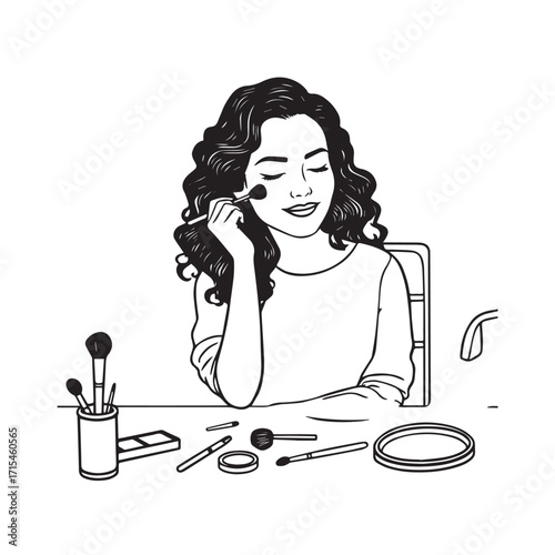 Black and white line art of a beautiful woman doing makeup at dressing table with mirror illustration