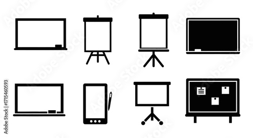 Minimalist Presentation Board Vector Icon Set with Whiteboard Blackboard and Flip Chart Glyphs