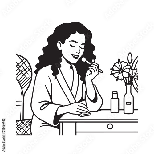 Black and white line art of a beautiful woman doing makeup at dressing table with mirror illustration