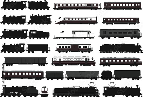 Train silhouette collection, steam locomotive, modern railway car, freight wagon, passenger transport, black vector set, vintage rail vehicle, transportation icon pack