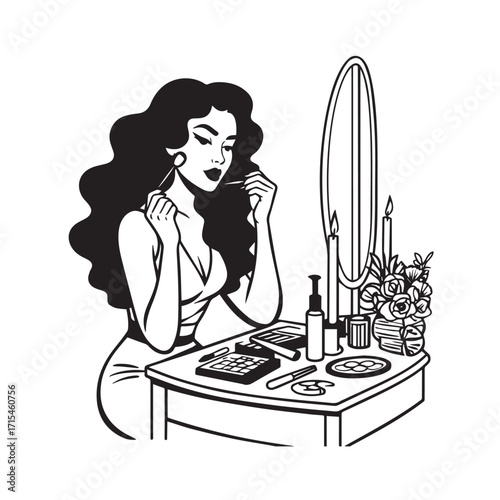 Black and white line art of a beautiful woman doing makeup at dressing table with mirror illustration