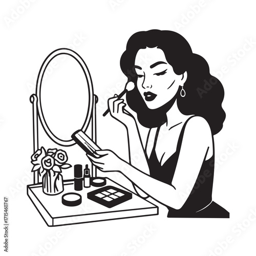 Black and white line art of a beautiful woman doing makeup at dressing table with mirror illustration
