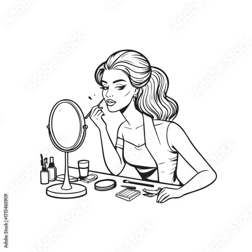Black and white line art of a beautiful woman doing makeup at dressing table with mirror illustration