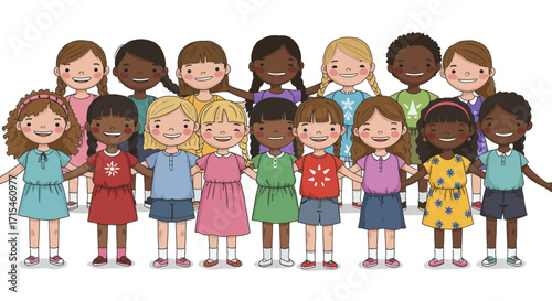 Diverse group of cheerful girls holding hands, celebrating friendship and unity for global children's projects