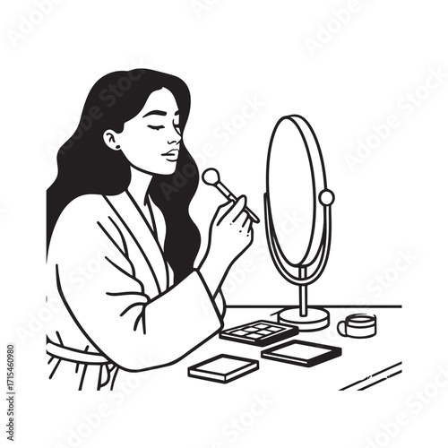 Black and white line art of a beautiful woman doing makeup at dressing table with mirror illustration