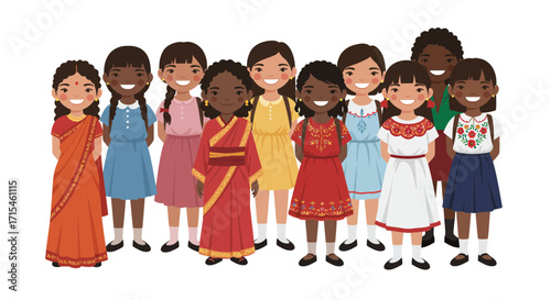 Diverse group of smiling schoolgirls wearing traditional cultural clothing together proudly