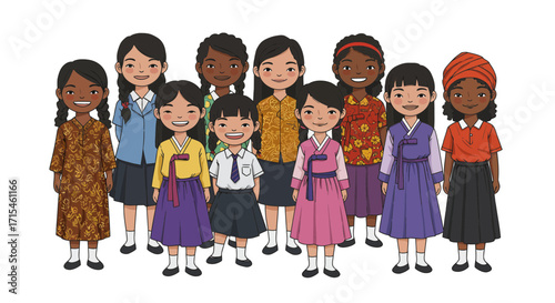 Diverse group of smiling girls in traditional cultural clothing celebrates unity and global friendship