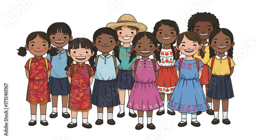Diverse group of happy schoolgirls in uniforms standing together ready to learn and grow at school
