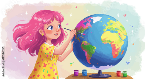 Creative young artist painting the world with vibrant colors, a global exploration of imagination