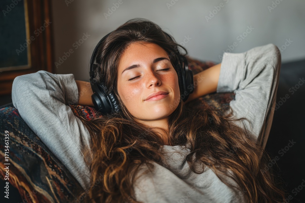 Fototapeta premium Young woman relaxing in cozy clothes enjoying music through headphones, lying on a comfortable sofa at home in a calm, peaceful mood.