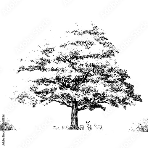A solitary tree with a full canopy providing shade to a small herd of deer in a monochrome scene