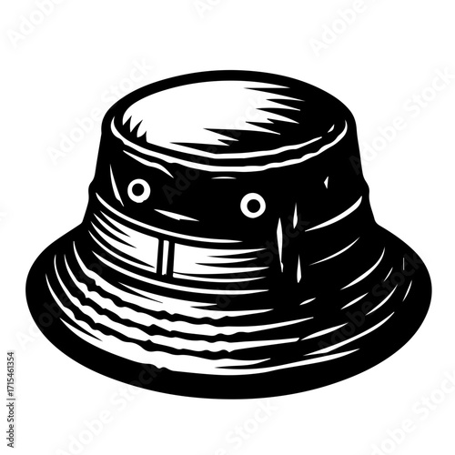 Illustration of a black and white bucket hat with a striped brim and two circular eyelets design style