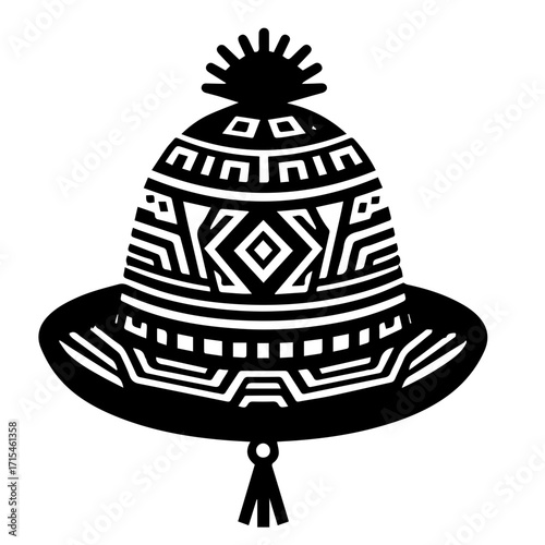 Illustration of a black and white patterned hat with a pompom and tassel design element on the bottom