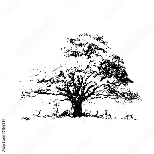 A silhouette image of a large tree with deer grazing beneath its branches in a monochrome landscape art