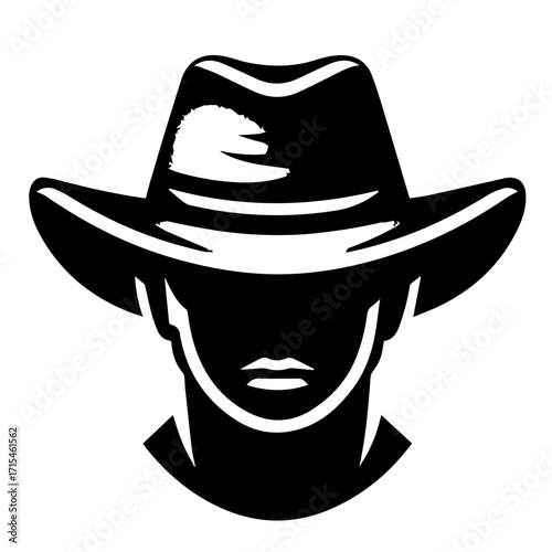 An illustration of a person wearing a cowboy hat with a shadowed face in a black and white style