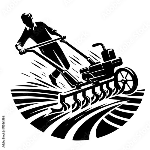Illustration of a farmer tilling the field with a rotary tiller in a monochrome black and white style