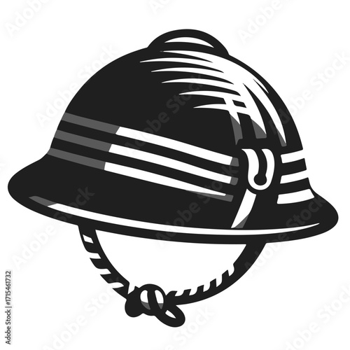 Illustration of a black pith helmet with white stripes and a tied chinstrap on a white background