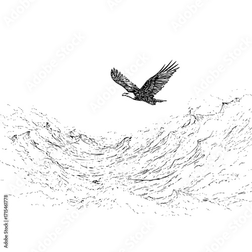 A majestic eagle soars above a turbulent sea with its wings spread wide in a monochrome illustration