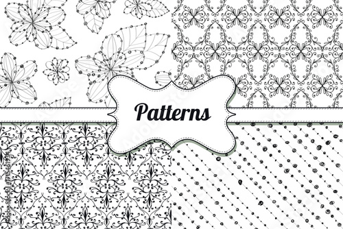 Hand drawn set of ink line flowers with dot , diagonal stripes, Arabic damask pattern black color on white. Seamless pattern tender, gently, girly