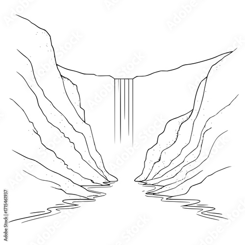 A line drawing of a waterfall cascading between two rocky cliffs into a body of water below it all serene