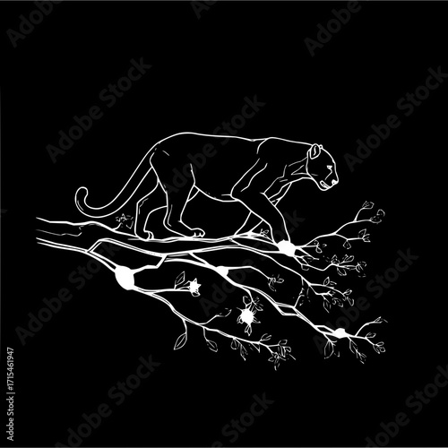 A white outline of a panther walking on a branch with leaves against a black background in illustration