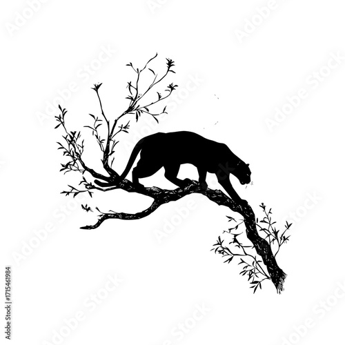 Silhouette of a panther walking on a tree branch with leaves against a white background in monochrome art