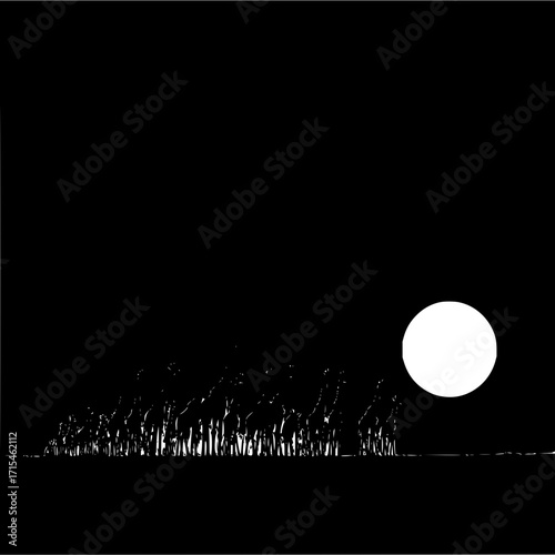 Silhouette of trees under a bright moon in a dark landscape creating a stark contrast scene with nature 1