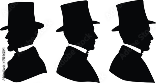 Silhouette men in top hats, vintage gentleman profile illustration, Victorian fashion style, formal attire shadows, retro character design, elegant black silhouettes, historical costume art