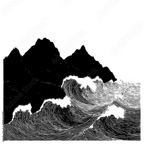 Illustration of a seascape with large waves crashing against dark mountains in black and white style