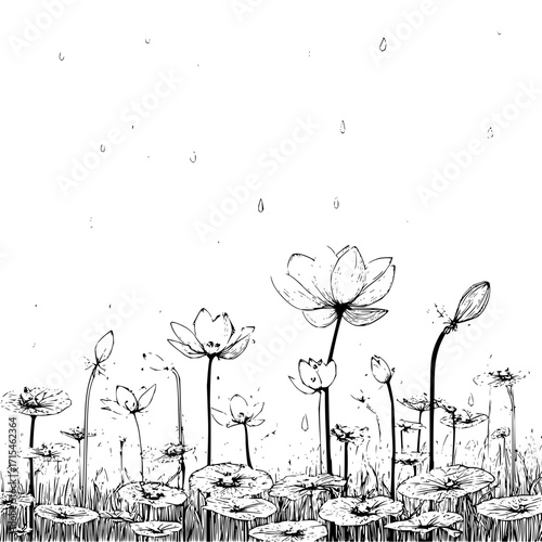 Black and white illustration of water lilies and lotus flowers with raindrops falling from the sky above them