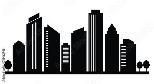 Simple black and white silhouette of a modern city skyline