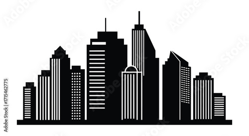 A striking black and white silhouette of a modern city skyline