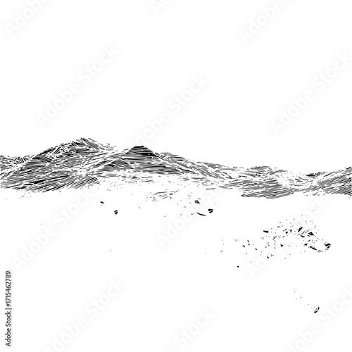 Monochrome illustration depicting a mountain range with a rugged texture and sparse foreground details